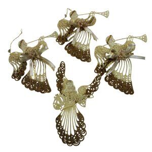 Vintage Angel Christmas Ornament Lot of 4 Ivory Gold Glitter Trumpeting Holiday